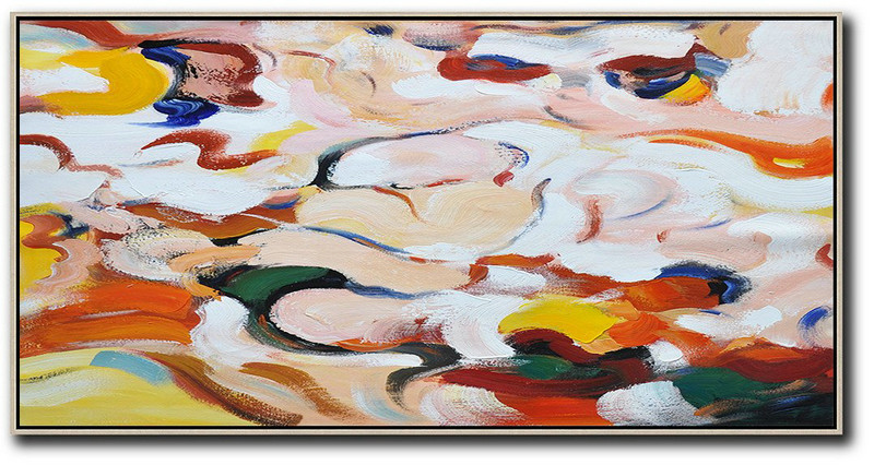Handmade Large Painting,Horizontal Palette Knife Contemporary Art,Home Canvas Wall Art,Red,White,Orange,Yellow,Green.etc